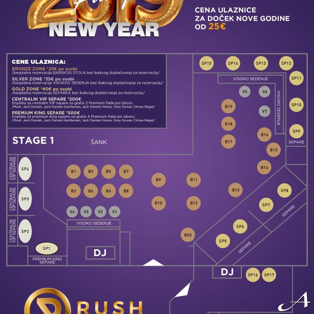 Nova godina u Klubu Rush - mapa sedišta