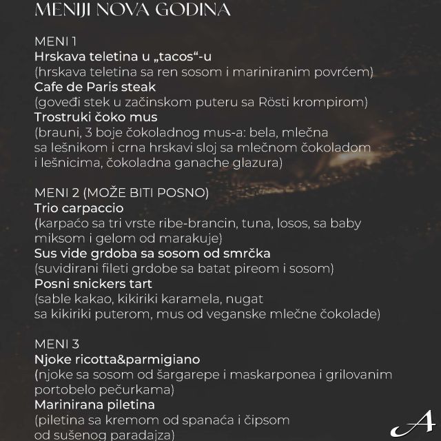 Restoran Bottega - jelovnik za doček