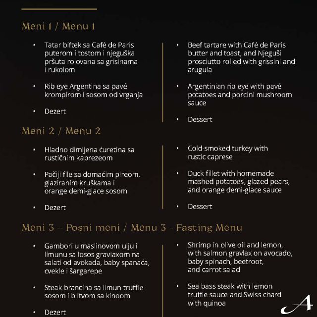Restoran Bottega - jelovnik za Novu godinu