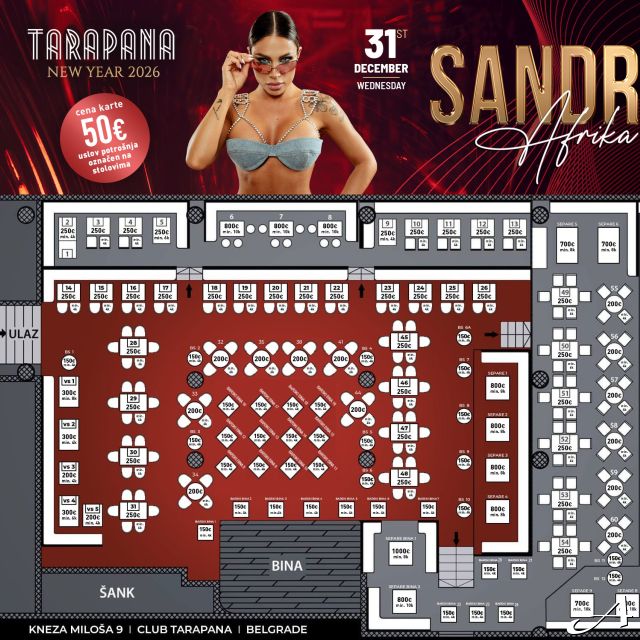 Klub kafana Tarapana - mapa sedenja