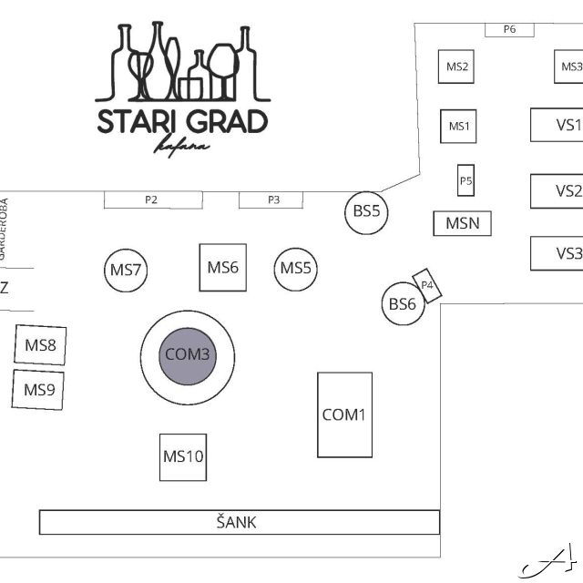 Kafana Stari grad - raspored stolova